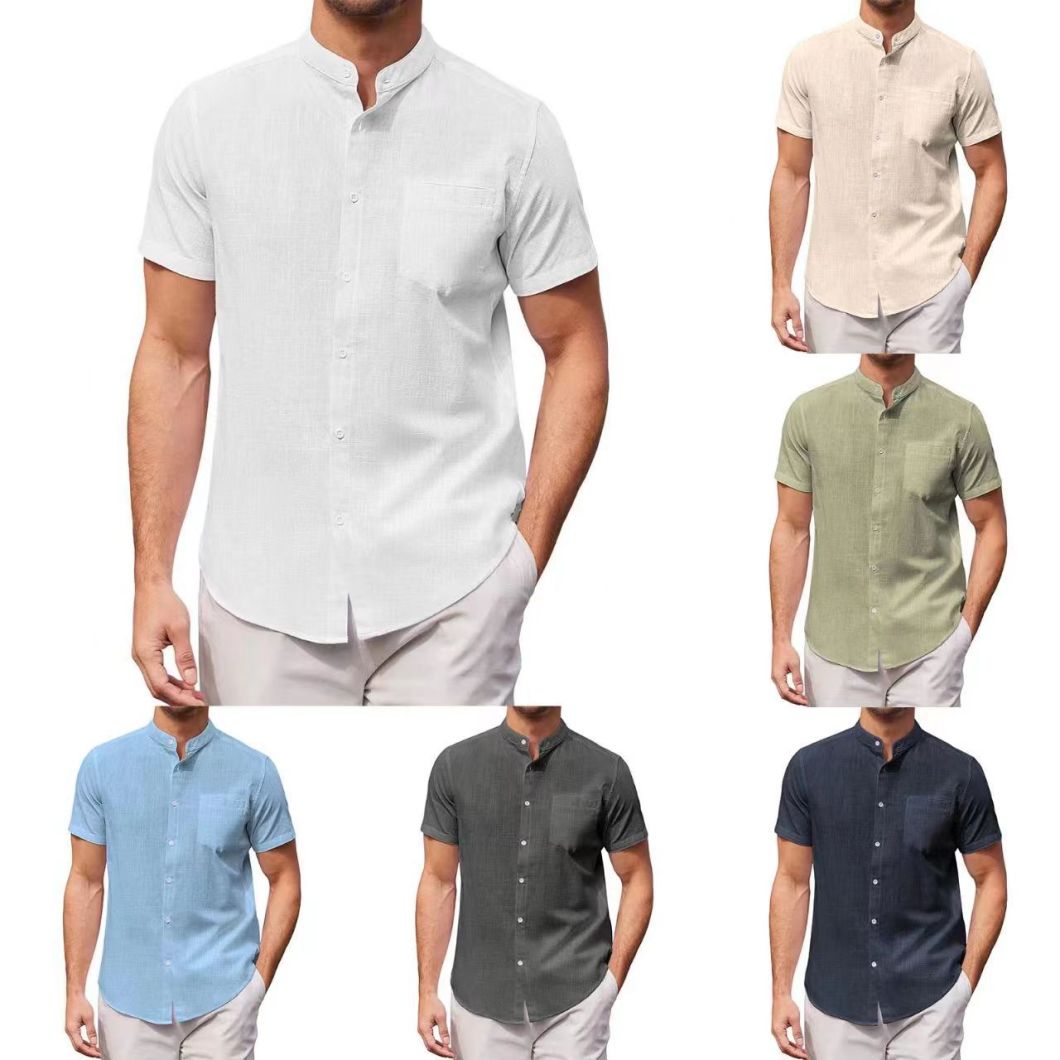 2023 Men&prime;s Short-Sleeved Cotton Linen Shirt Standing Collar Slim-Fit Men&prime;s Shirt