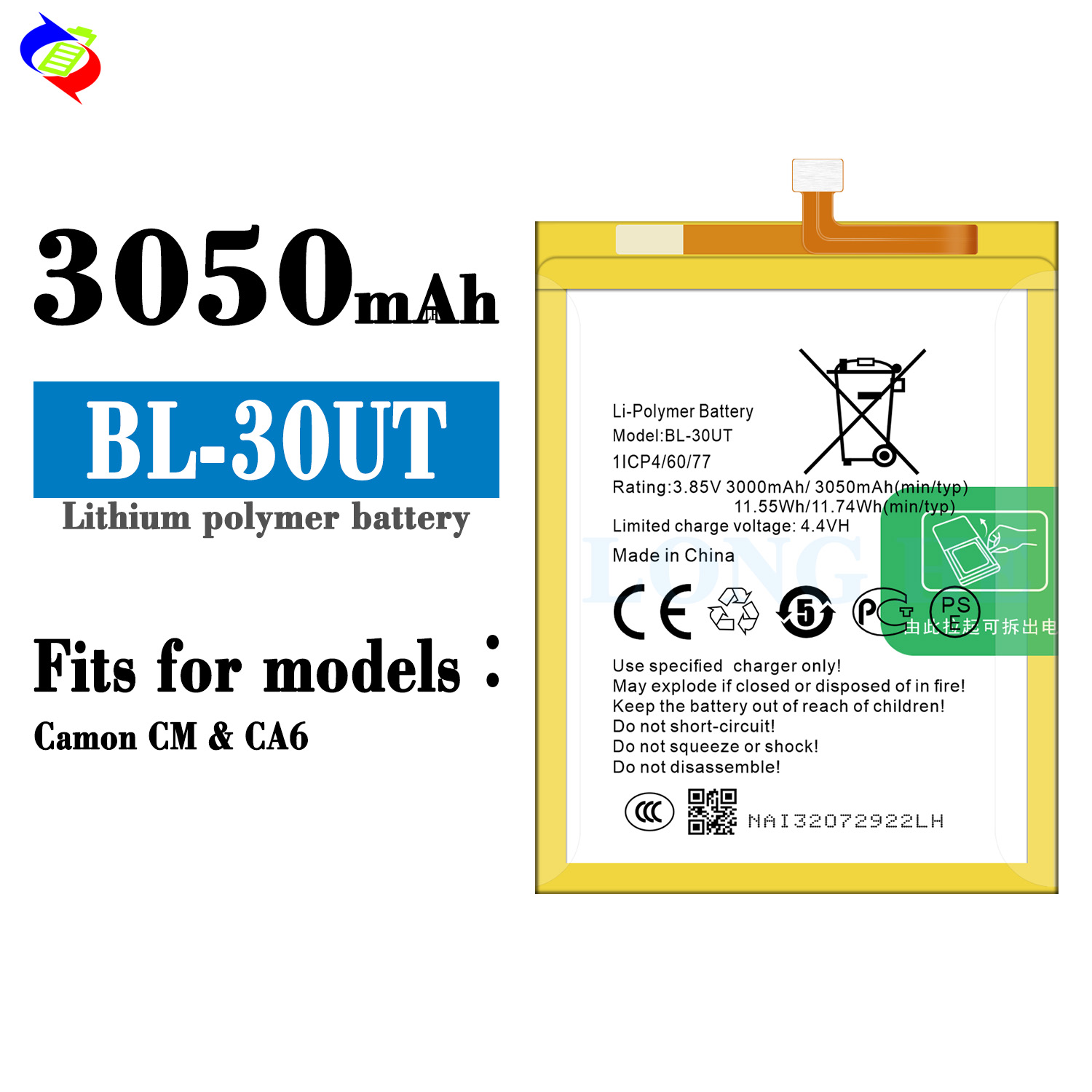 Tecno CA6 CM 3.85V Phone BL-30UT Battery 3050mAh Rechargeable Batteries with Coding