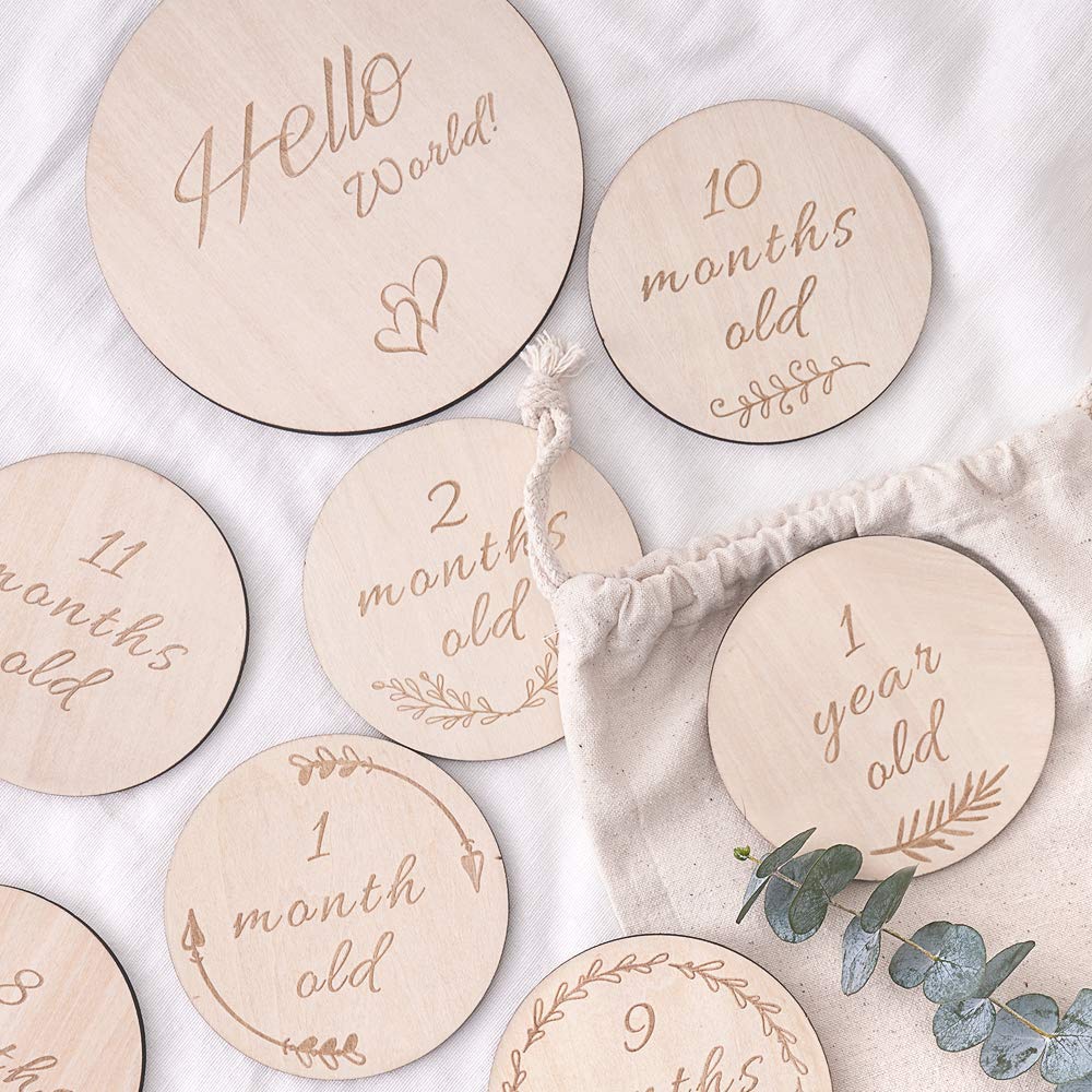 Custom Wooden Baby Milestone Cards | 13 Double-Sided Hand-Crafted Circles with a Larger Disc | Baby Shower Gifts