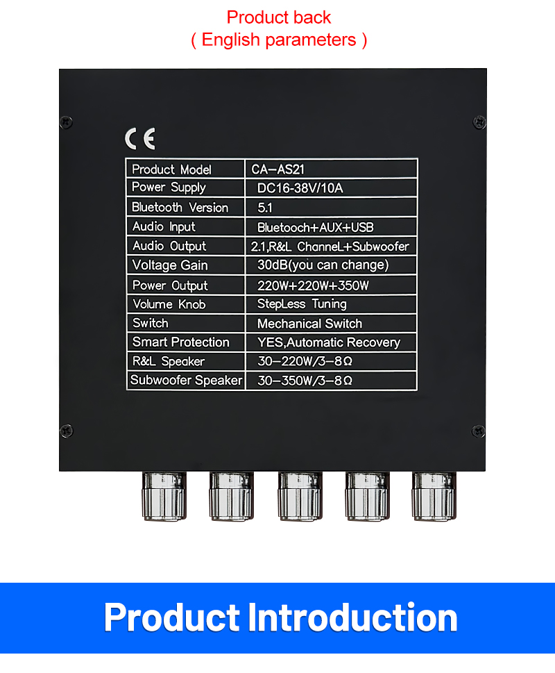 ZK-AS21 2.1 Channel Digital Power Amplifier Board Module 220W*2+350W High Low Tone Subwoofer TPA3255 BT Home Audio AS21