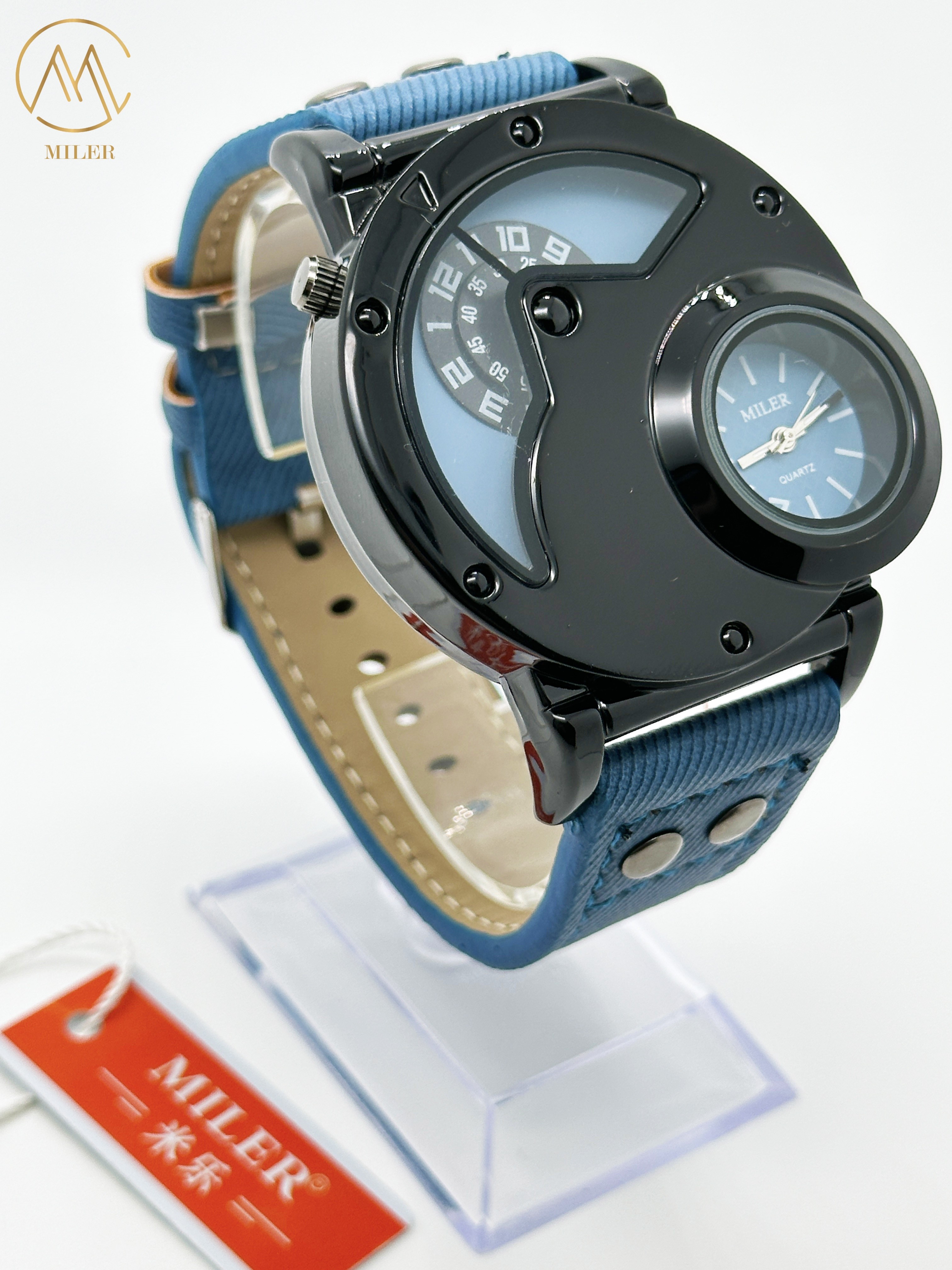OEM Double Movement Mens Sports Watch With Denim Band Hook Buckle