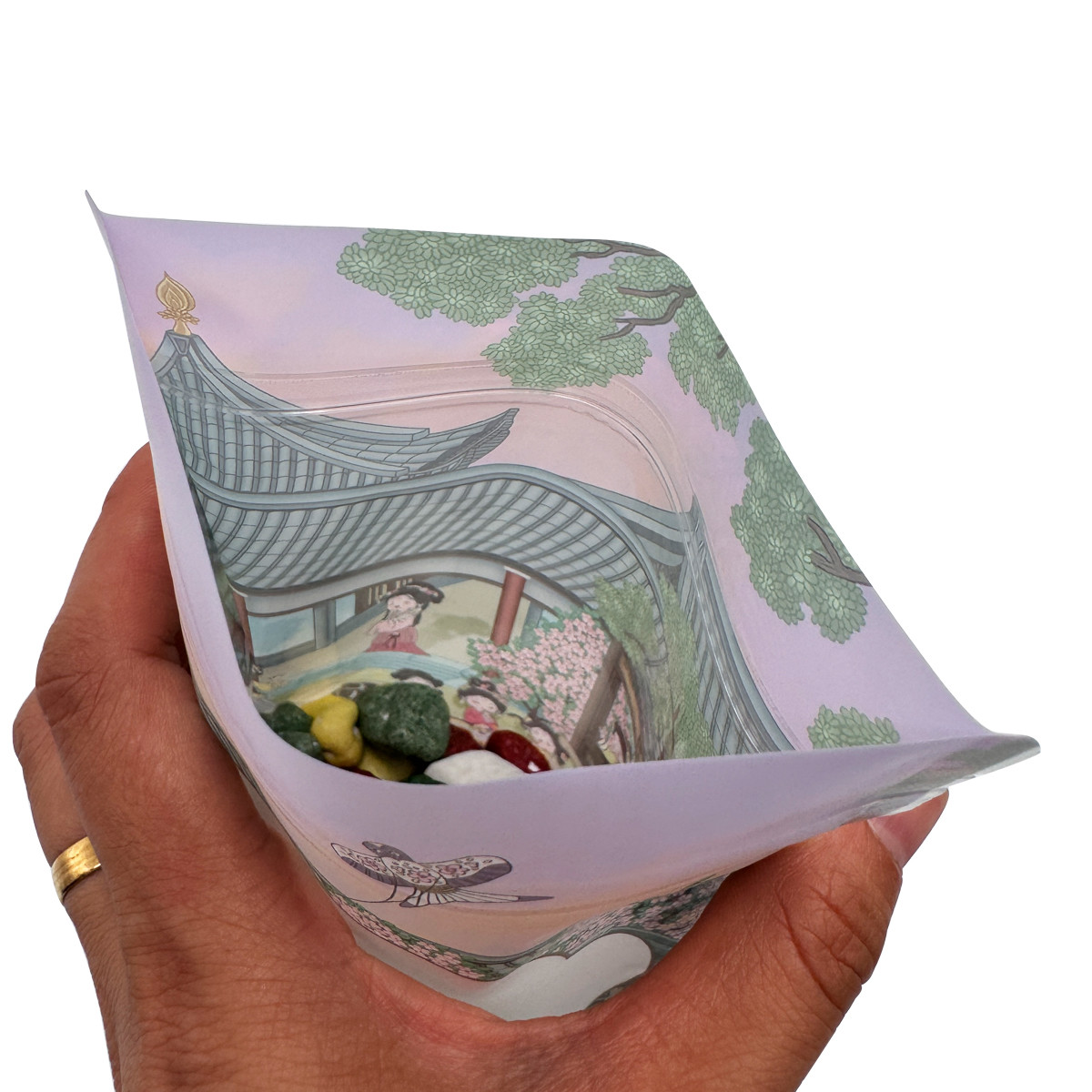 Chinese Classical Style Plastic Stand Up Pouches With Clear Window And Zipper For Food