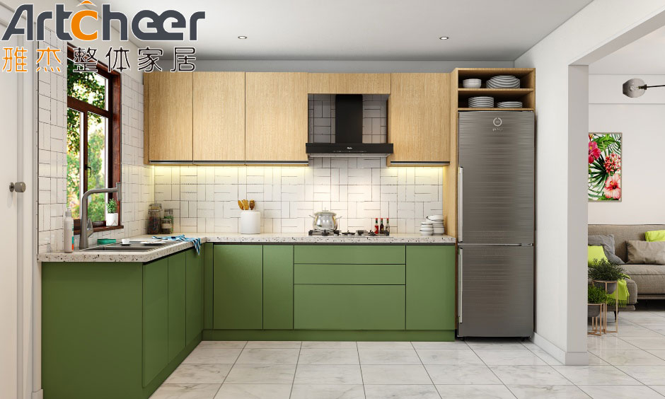 Custom U Shape Kitchen Cabinet Green Color L Shape Base Cabinets Set With Marble Stone Top