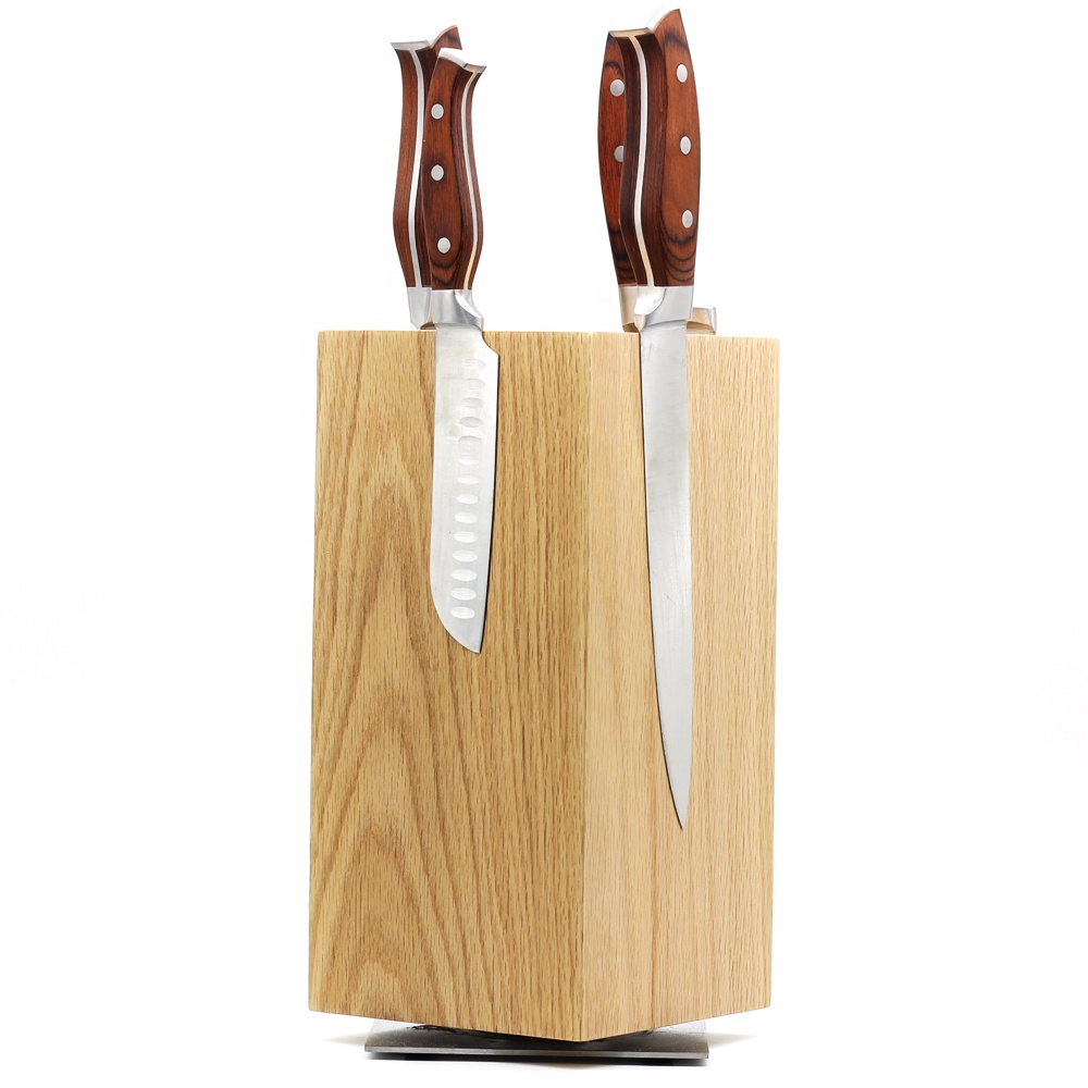 Kitchen Magnetic Knife Holder with Metal Plate 360 Rotating Oak Wood Construction