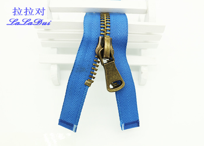 Decorative 8 Inch Open Ended Zip , Auto Lock Antique Brass Reversible Jacket Zipper