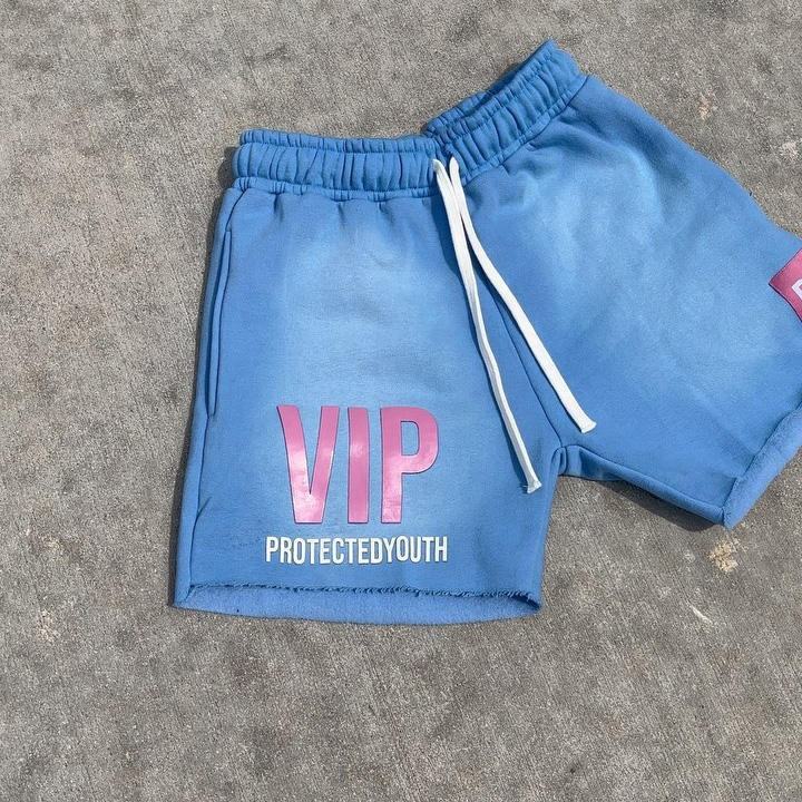 Puff Print Short Acid Washed Shorts Blue Cut Raw Hem Cotton Fleece Zipper Pockets Streetwear Sweat