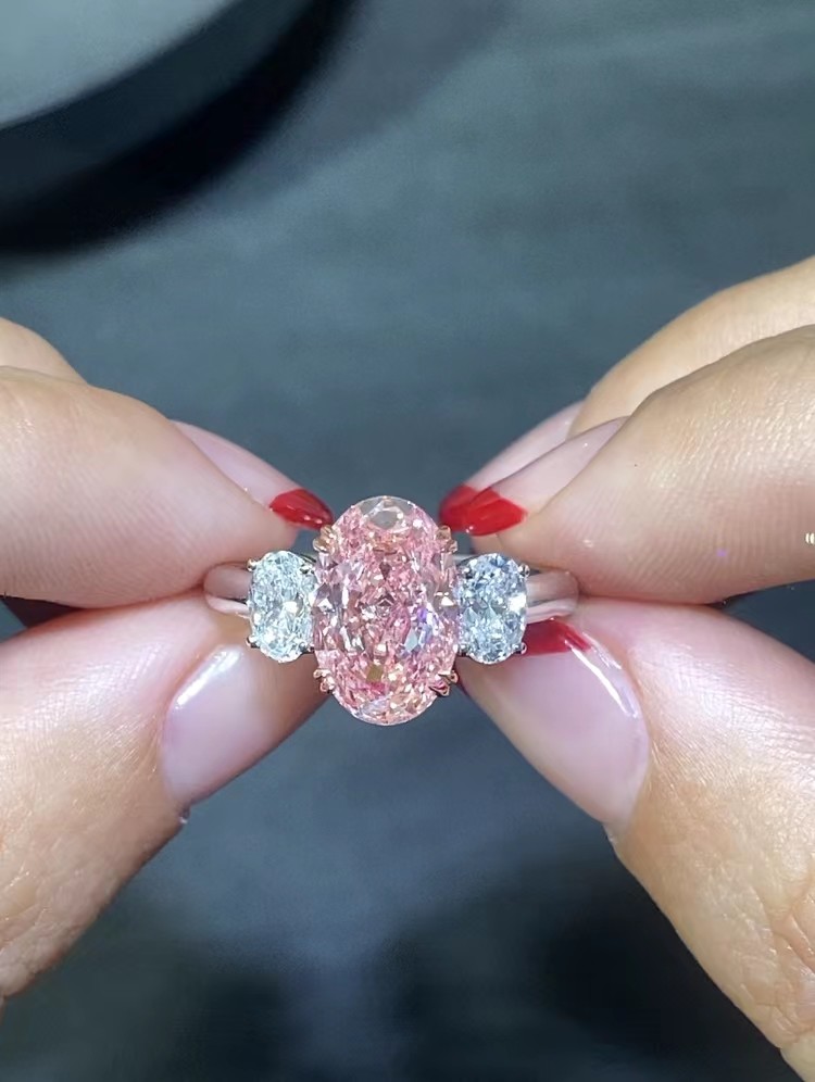 Large Size 3.52ct Pink Lab Created CVD Diamond Ring Oval Shape 18k White Gold Ring