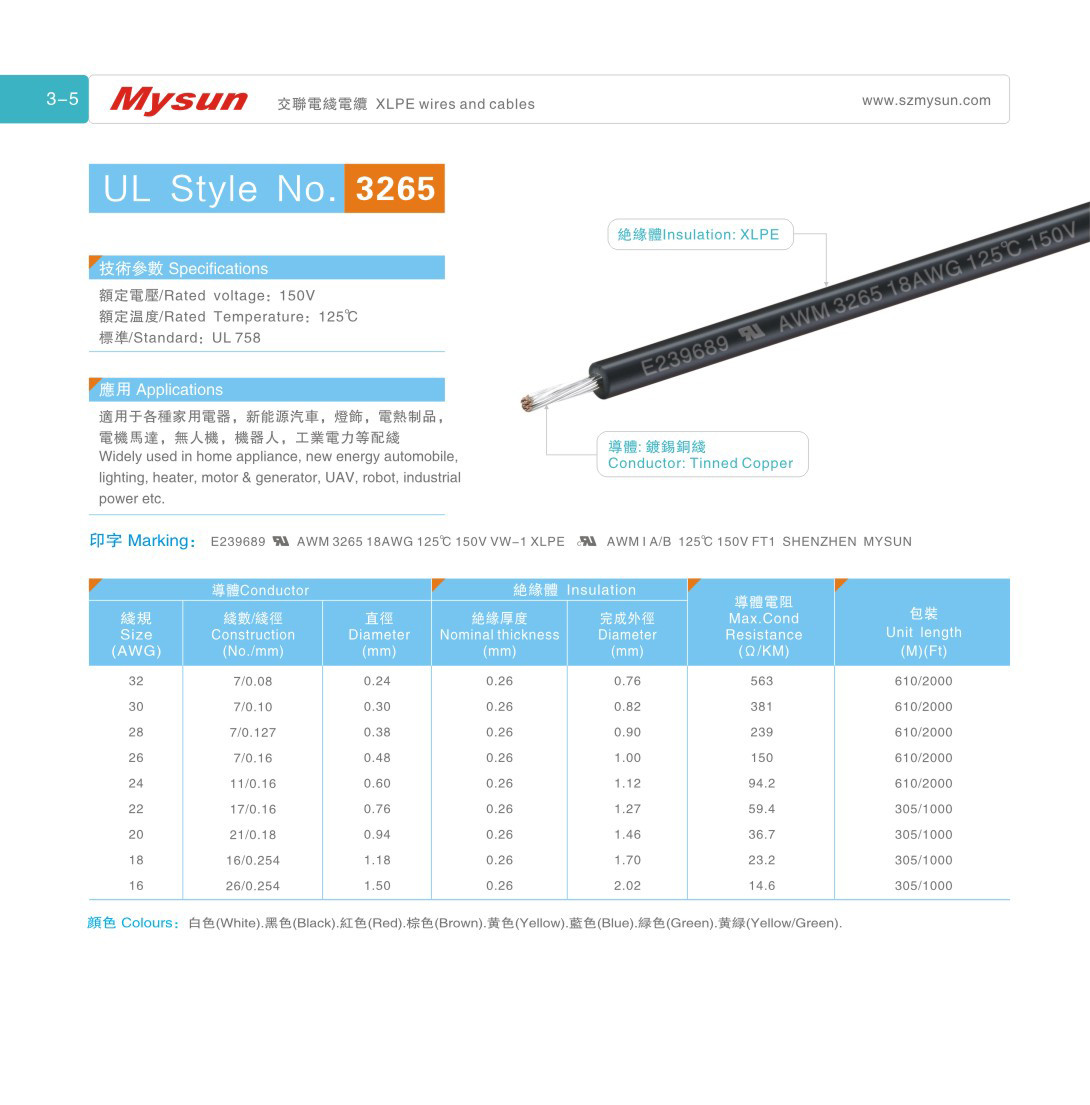 UL3265 150V 125C 16-32AWG XLPE Wires VW-1 For Home Appliance lighting industrial Power Wires