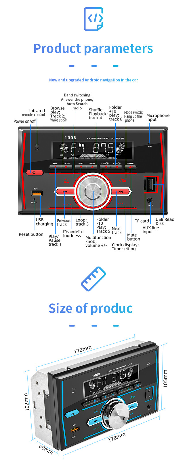 MP3 2 DIN Bluetooth Car Mount Tablet Android CE