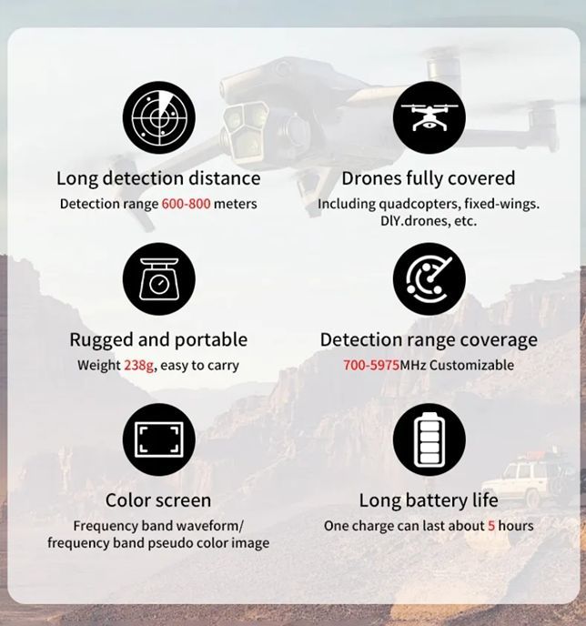 Portable 1.2km Drone Detection 300MHz~6GHz Frequency Coverage Drone Detector