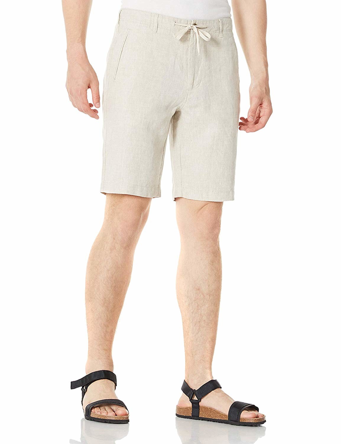 Zipper Closure Pure Linen Mens Casual Drawstring Shorts Mid Waist Straight Leg