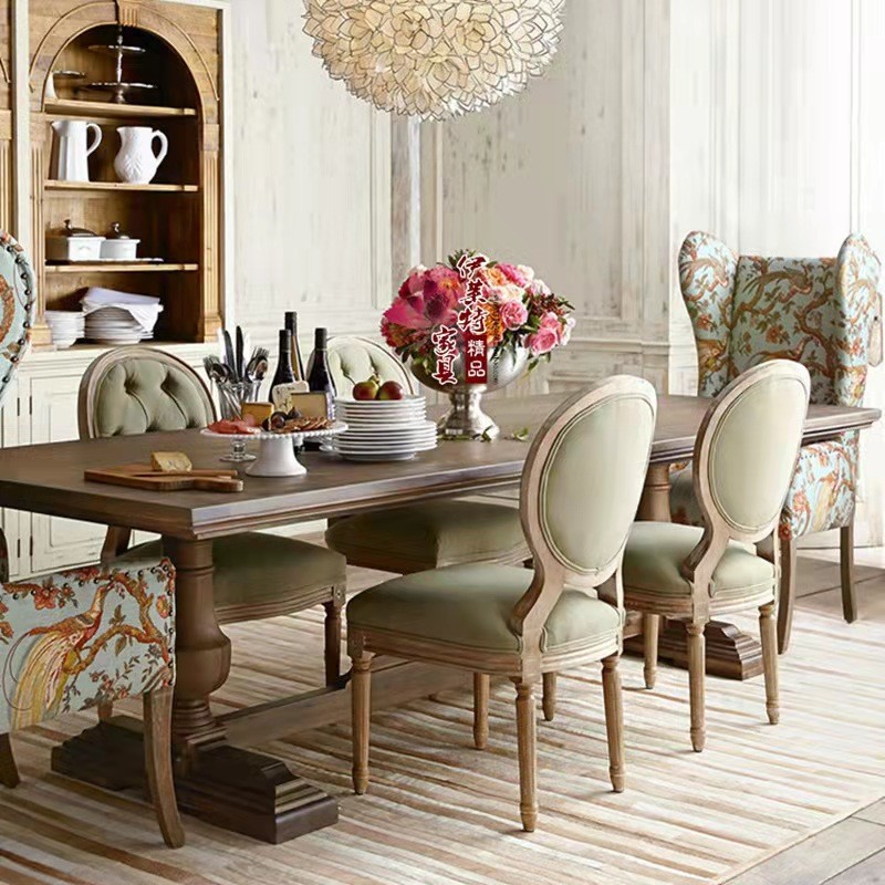 vintage tufted solid wood upholstered dining chairs with mahogany legs American style 50cm