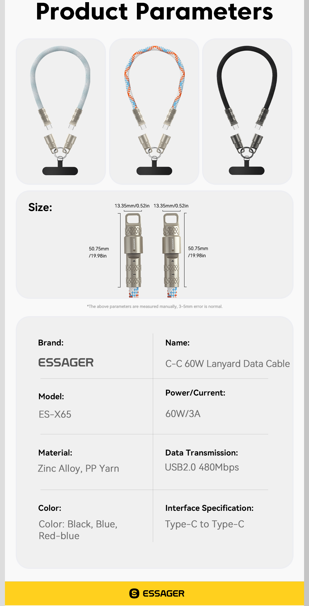 ESSAGER ES-X65 Series 60W Charging Lanyard Style USB C to USB C Cord with USB 2.0 Connector
