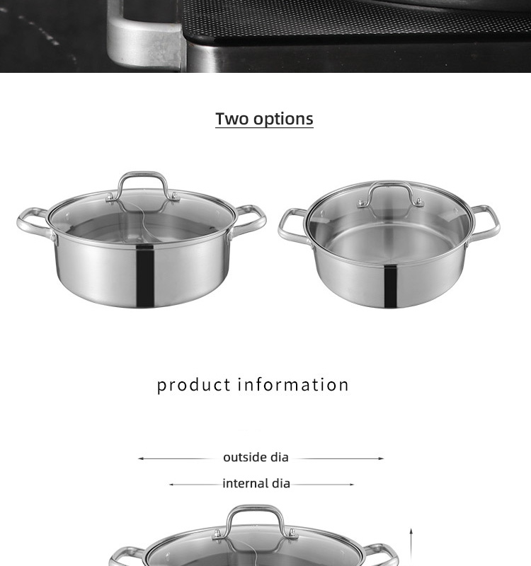 High Quality 18/8 Stainless Steel Pot Weldless Hot Pot Two-flavor Soup Pot Induction Cookware With Glass Lid