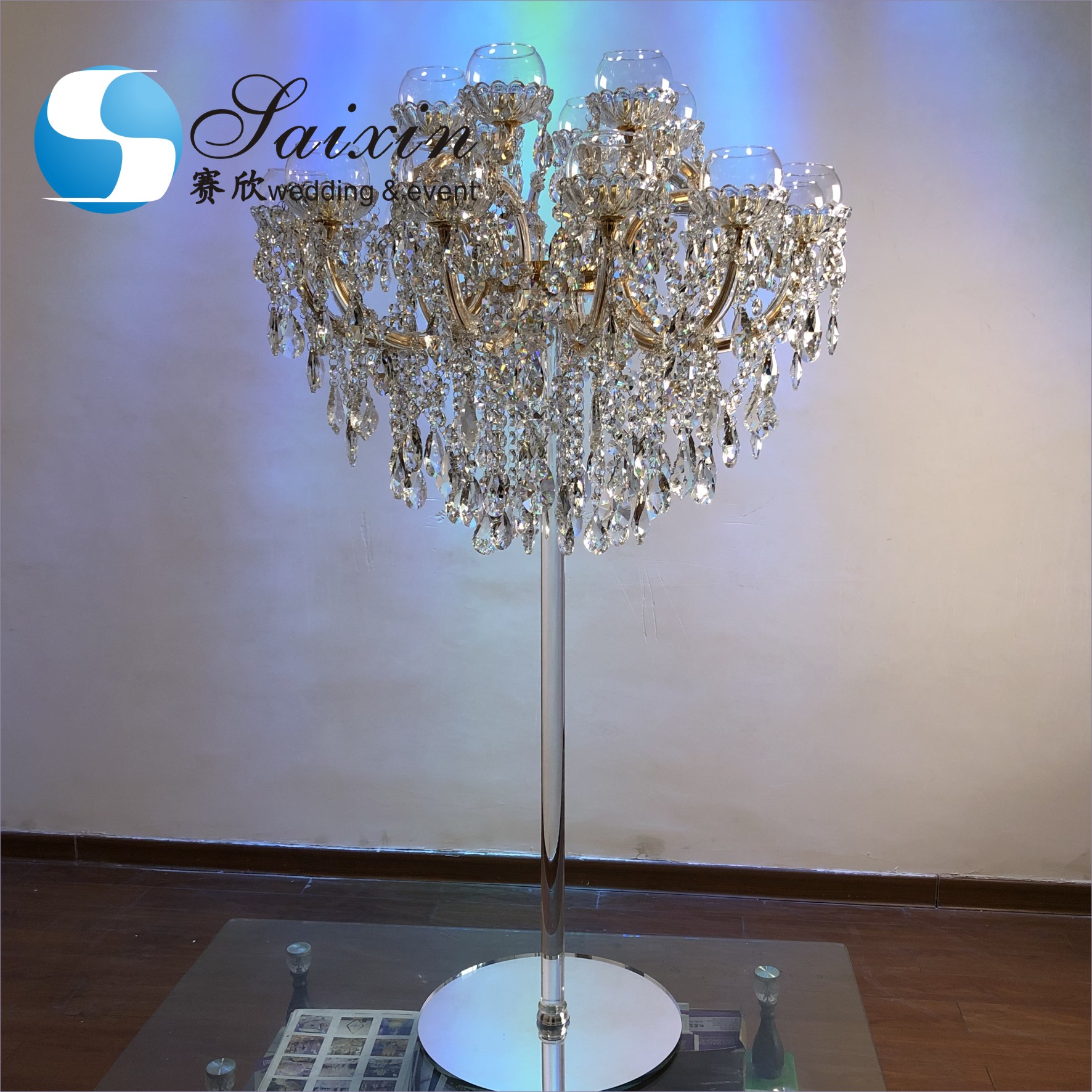 Antique Crystal Glass Candelabra Table Centerpiece 13 Arms Crystal Glass Champagne Gold