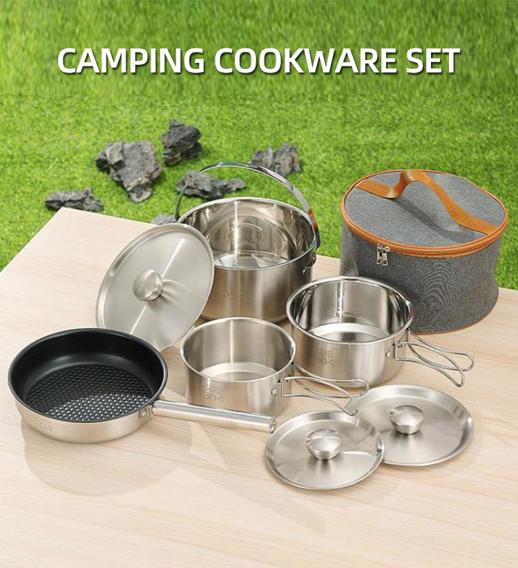 Amazon TOP Seller 304 Stainless Steel Non Stick Fry Pan Outdoor Cooking Set Camping Cookware Set For Hiking
