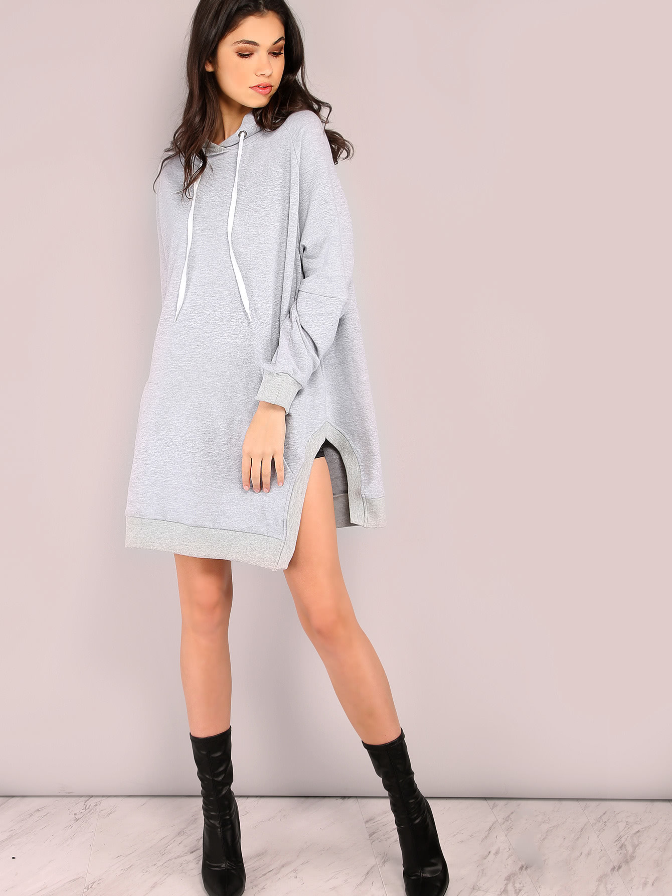 New Designs Slit Hooded Pocket Front Dropped Shoulders Sweatshirt for Women