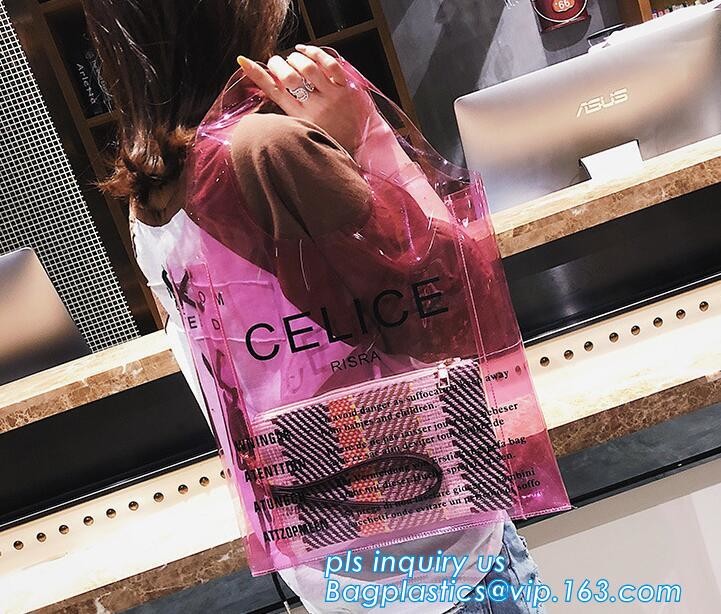 printed handle pvc bag pvc plastic bag, Stand up gift wine bottle packing recyclable PVC loop handle plastic bag, top se