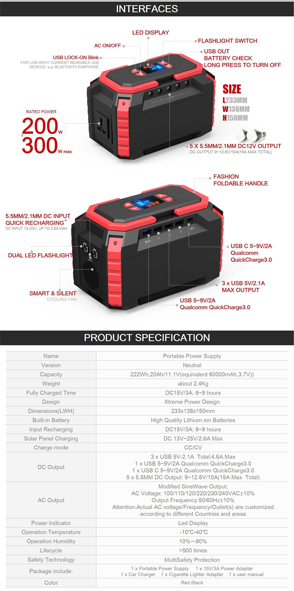 222wh 200W Portable Power Station 200 Watt Solar Generator With USB Output 5V/2.1A