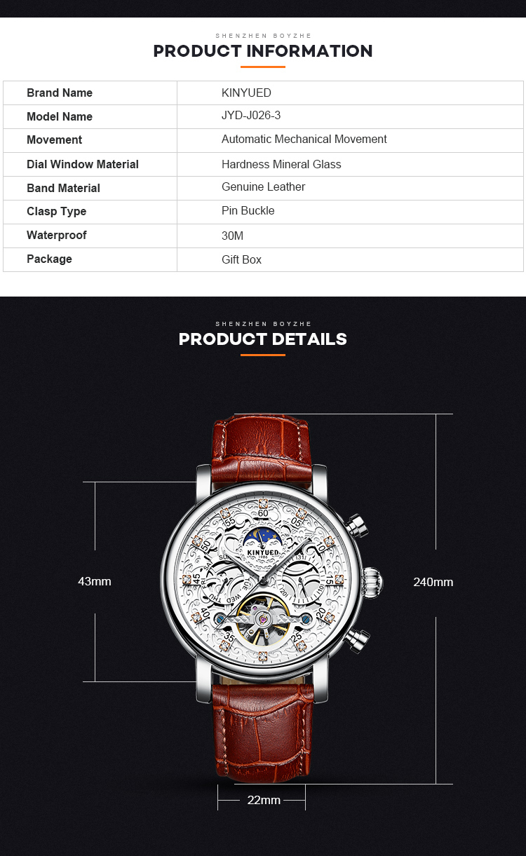 KINYUED Watch Leather Strap Tourbillon Skeleton Watches Men Luxury In Stock Automatic Mechanical Watch