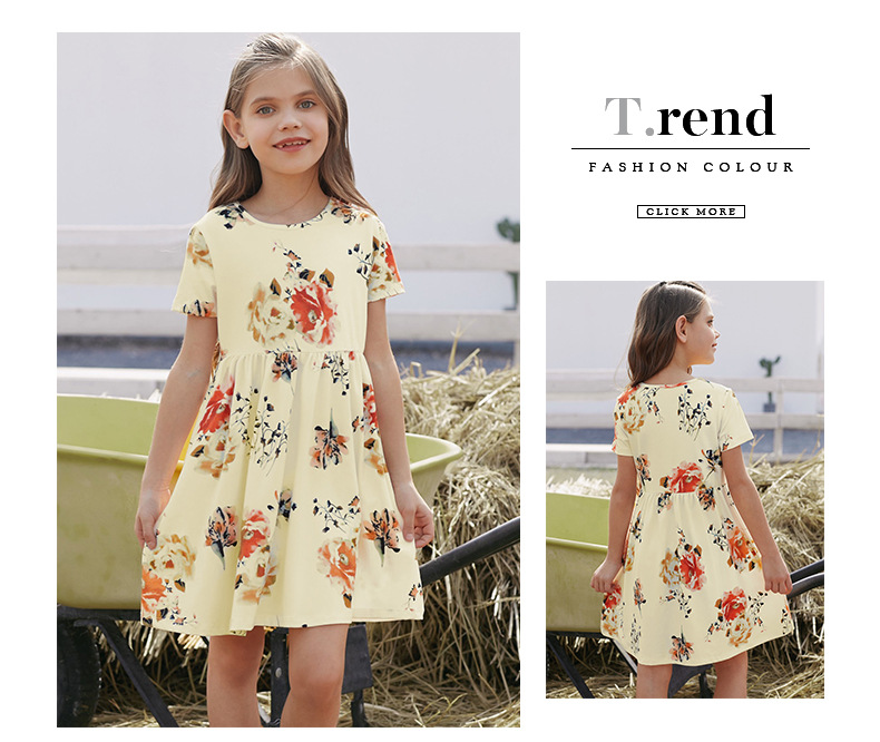 Summer Children's Clothing Solid Color Cotton Printed Short Sleeve Casual Girls Dress