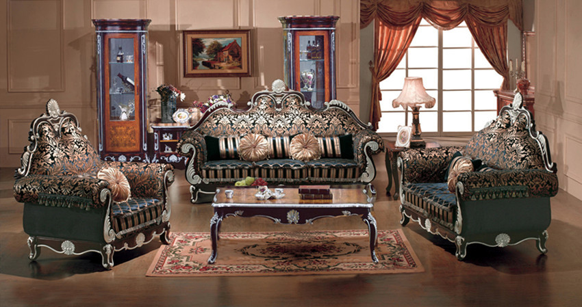 European-style luxury living room sofa coffee table French solid wood carved fabric sofa