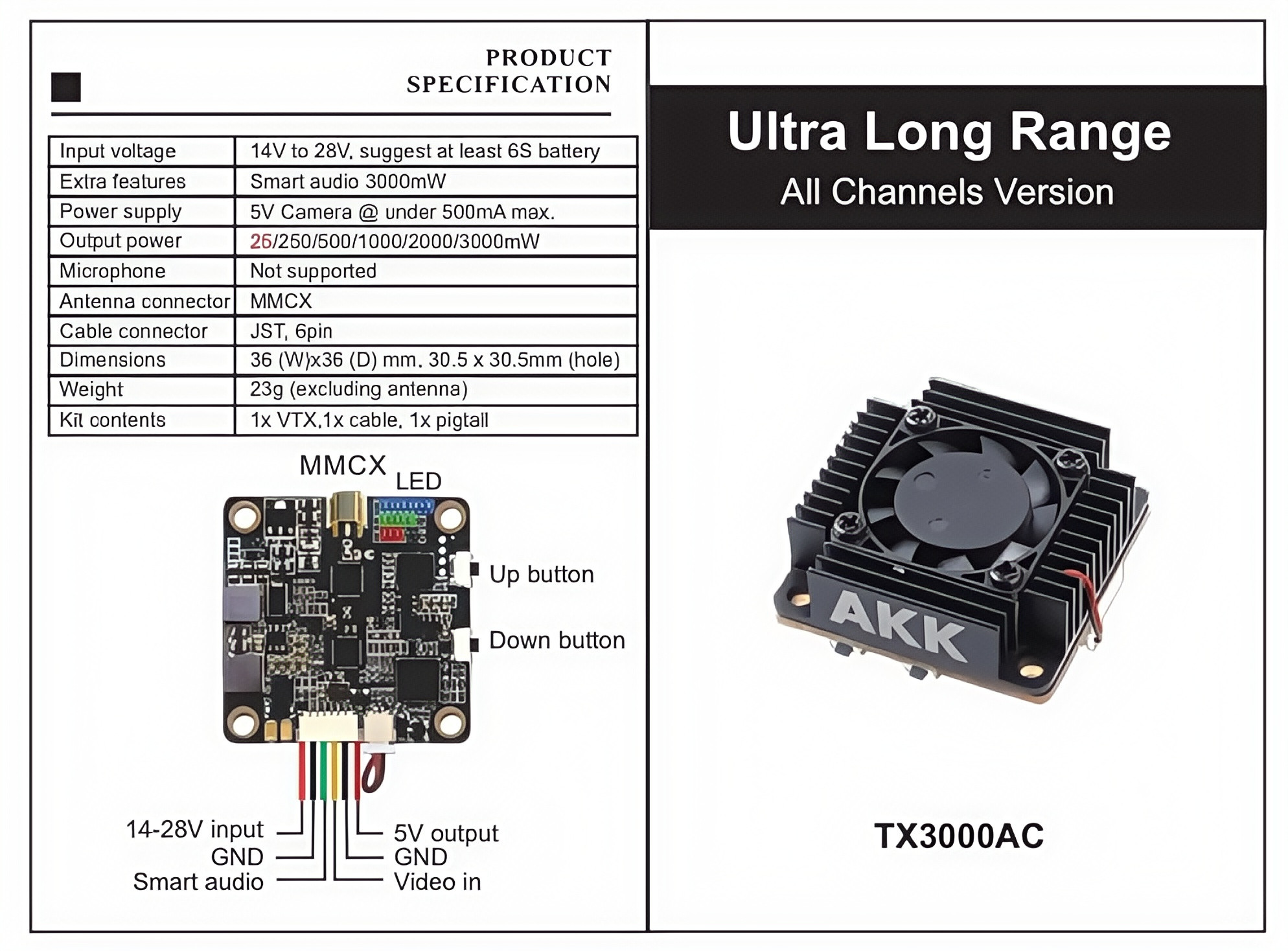 AKK Ultra Long Range VTX 4.9G 5.8G 3W up to 20km FPV VTX Drone Video Transmission 80CHs