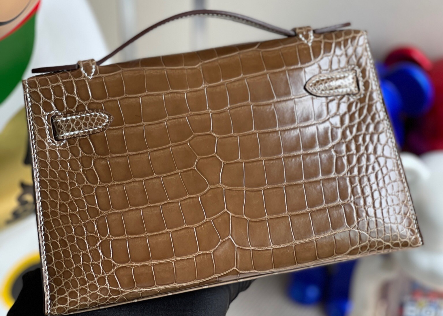 22cm Crocodile Leather Handbags , Tobacco Leather Square Bag