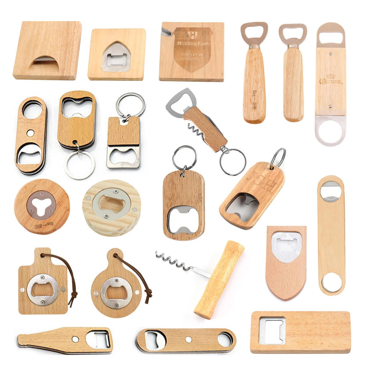 Custom Wood Beer Bottle Opener for Wedding Corkscrew Party Gift Wooden Handle Opener Keychain