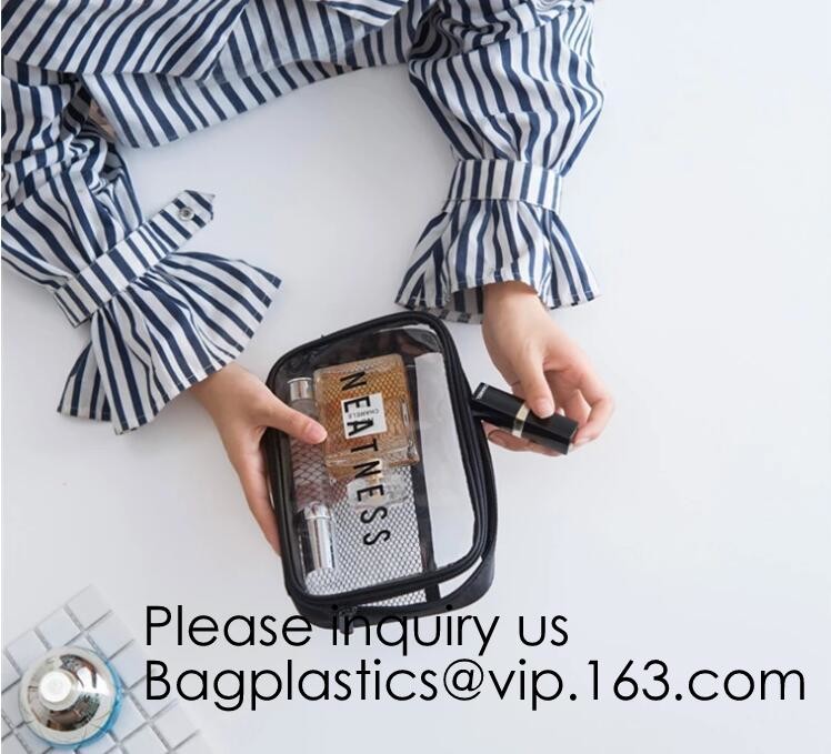 Clear Zipper Pouch with Strap Makeup Bag PVC Cosmetic Pouch,Printing Clear k Cosmetic PVC Pouch, bagease, bagplast