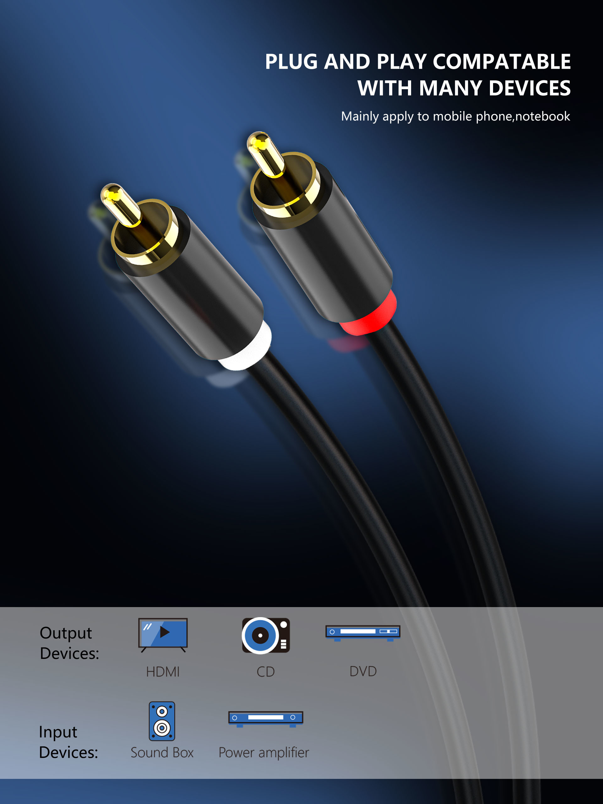 Gold Plated Audio And Video Cable Male To Male HiFi Systems Use