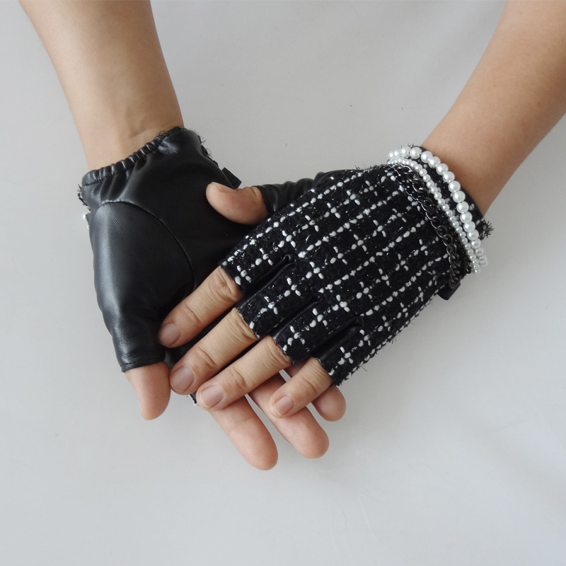 Fashion Women Black Leather Half Finger Gloves