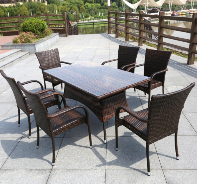 Grey 6 Seater Outdoor Dining Set Table Rectangular Desk Villa Courtyard Rattan