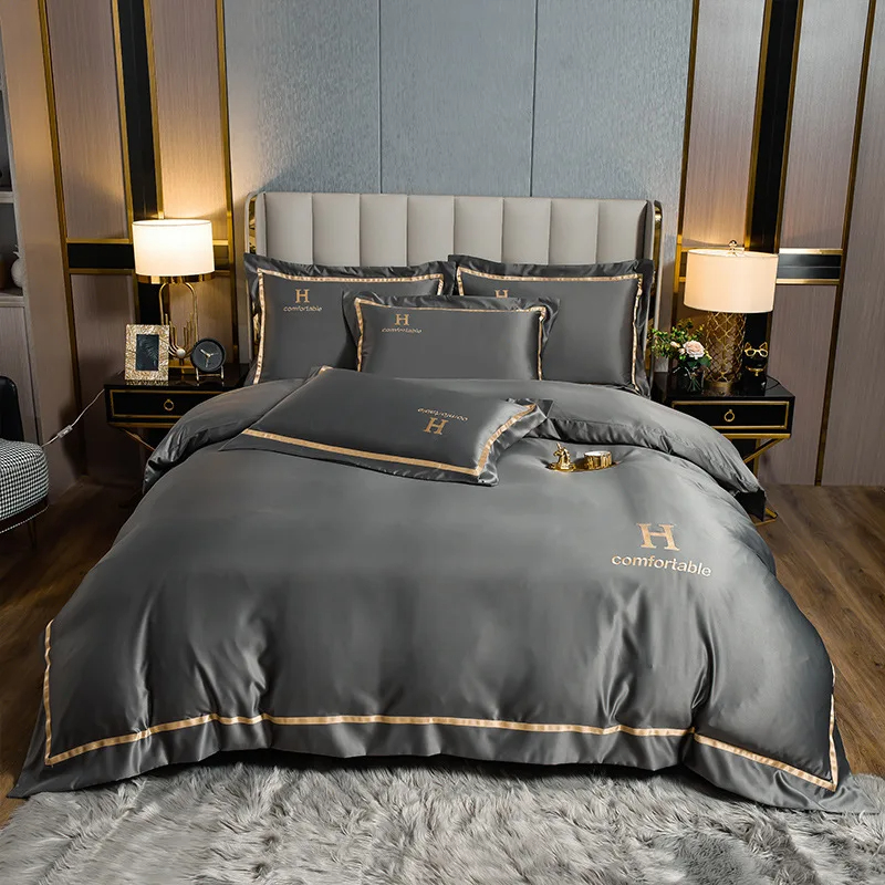 Home Polyester Luxury Embroidered Washing Silk Bedding Set with Solid Color Duvet Cover