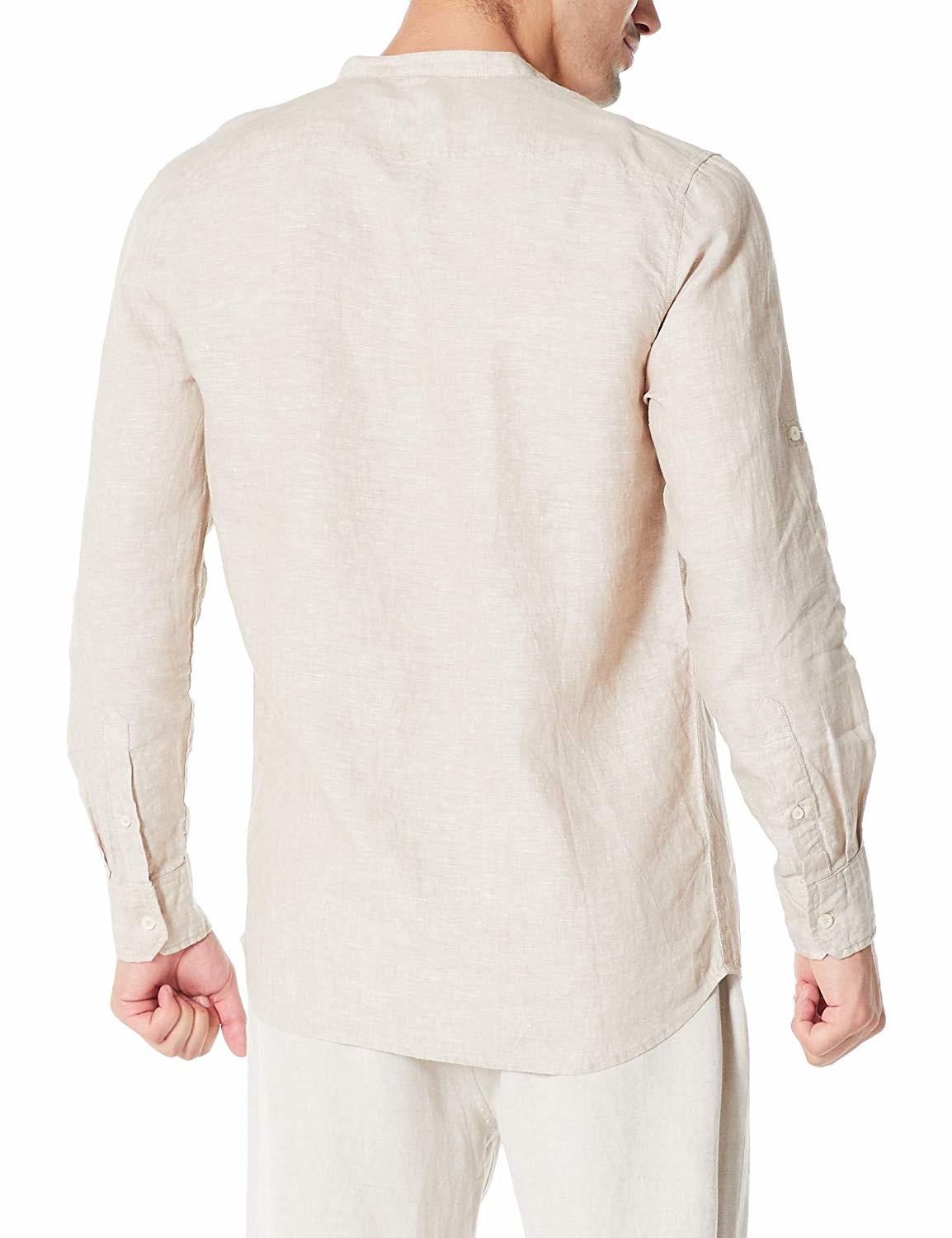 Woven Mens Slim Linen Band Collar Shirt Long Sleeve With Buttoned Cuffs