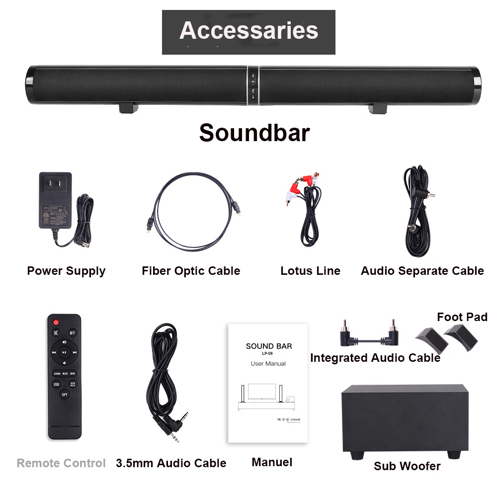 2.1 Channels Wireless Bluetooth Soundbar , TV Speaker Soundbar With Subwwoofer