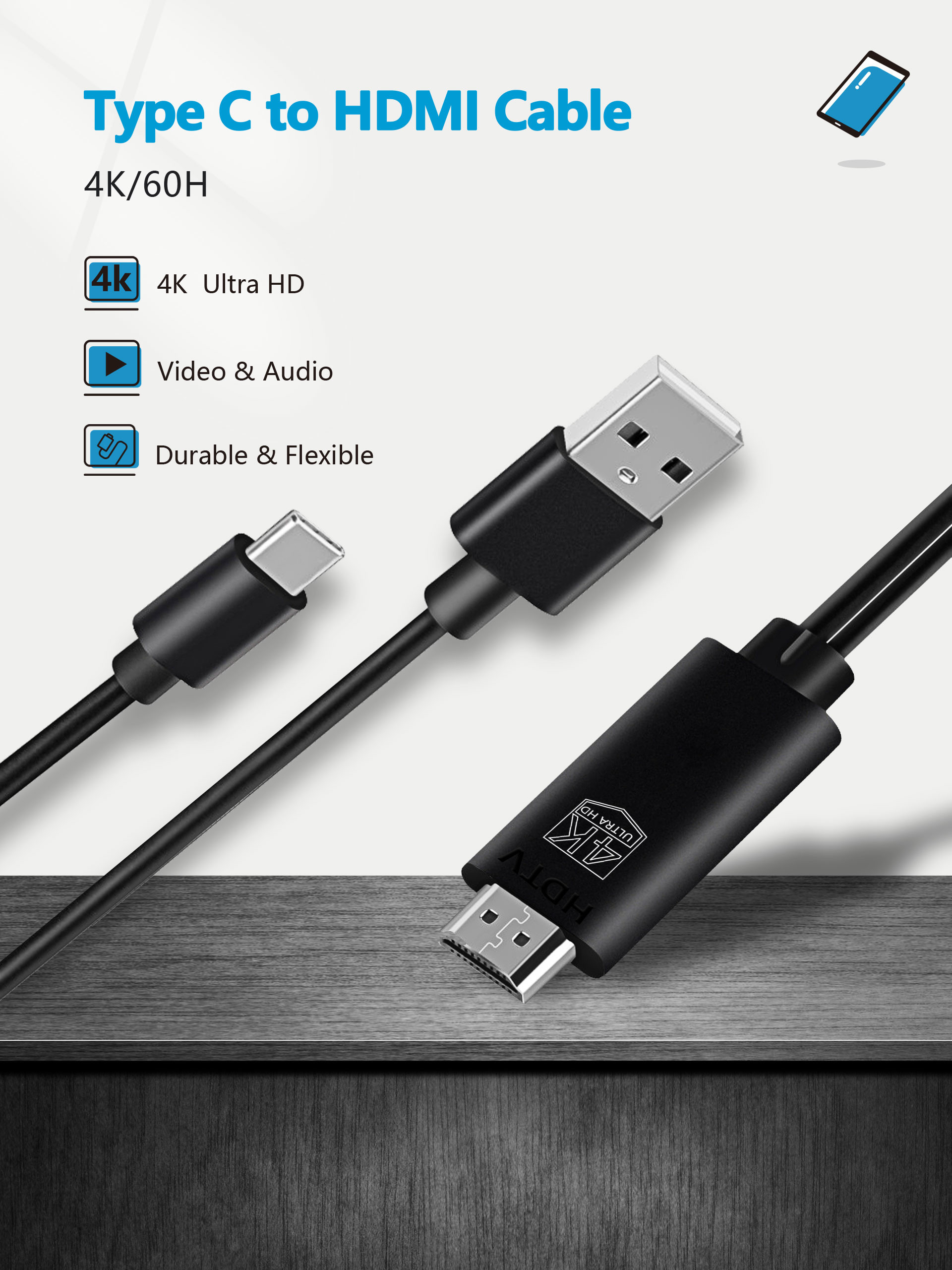 4K 30Hz Type C To HDMI HDTV Cable For Laptop , Nickel Plated 10 Foot HDTV HDMI Cable