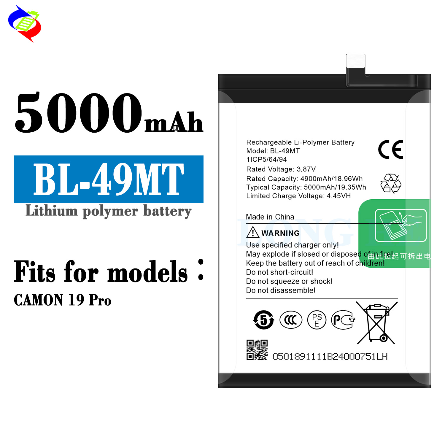 5000mAh Replacement Battery For Infinix BL-49MT Phone Tecno Long Lasting and Rechargeable