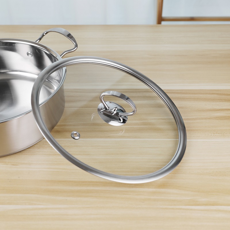Double Handle Kitchen Soup Pots 24cm Stainless Steel With Glass Lid