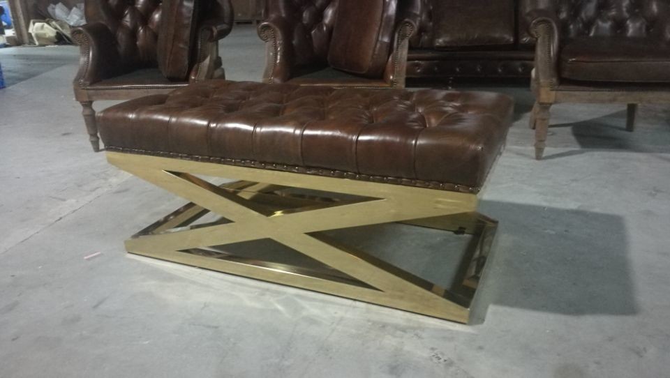 Camel Distressed Genuine Leather Ottoman Coffee Table With Golden Metal Legs