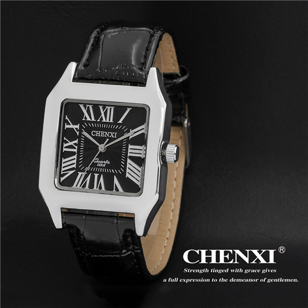 Tank Shape Unique Design Wristwatches Man Roma Numbers Stainless Steel Case Leather Watch