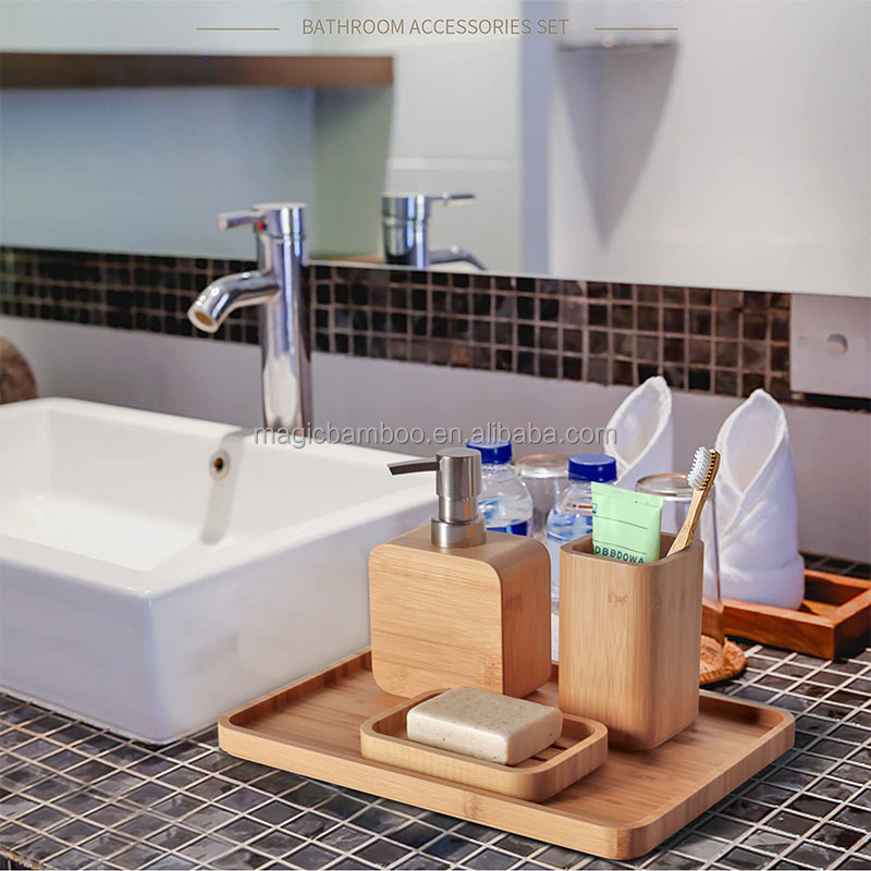 4pcs Natural Bamboo Bathroom Accessories Set For Hotel House Office Toilet