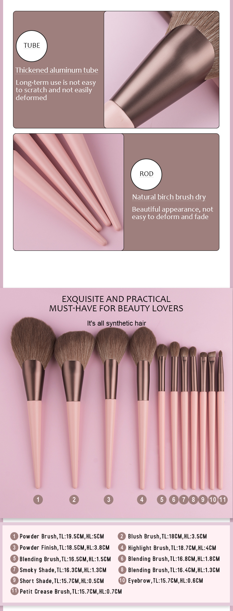 Vegan Brushes Travel Makeup Brushes Set Synthetic Hair Makeup Set Pink 11pcs