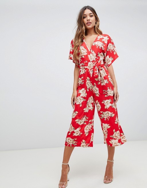 custom make V neck tie waist floral jumpsuit for girls