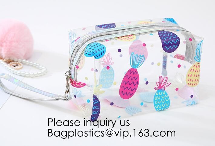 Clear Zipper Pouch with Strap Makeup Bag PVC Cosmetic Pouch,Printing Clear k Cosmetic PVC Pouch, bagease, bagplast
