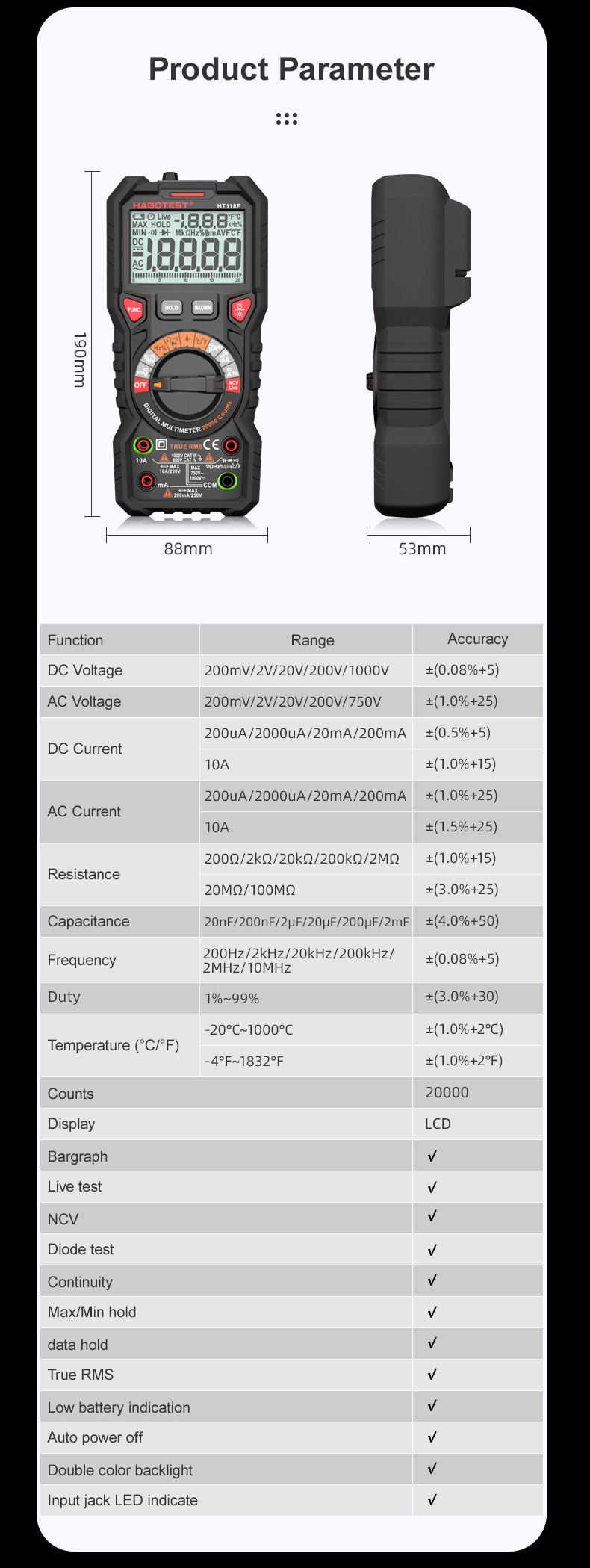 HT118E Digital Multimeter 20000 Counts True Rms NCV HZ Multimeters Transistor Tester Voltimetro Capacitance Meter