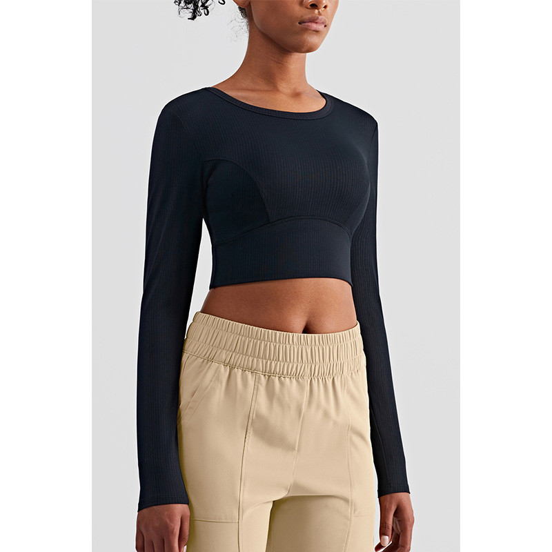 Rib Striped Ladies Yoga Tops Active Stretch Fitness Long Sleeve Yoga Crop Top