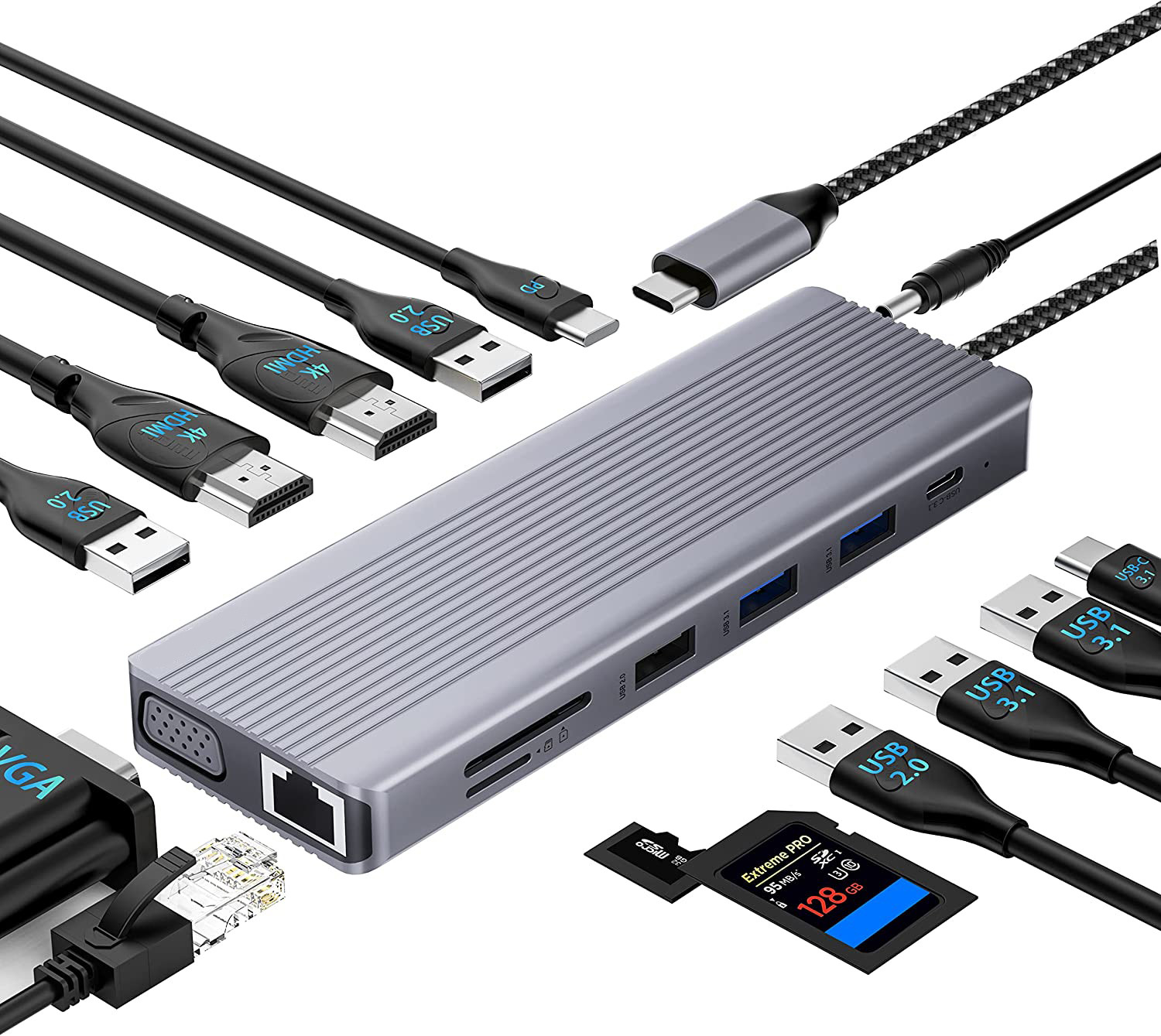 TYPE-C Male 11 In 1 Hub Computer Laptop Docking Station Adapter with 1000Mbps RJ45 and USB-C PD