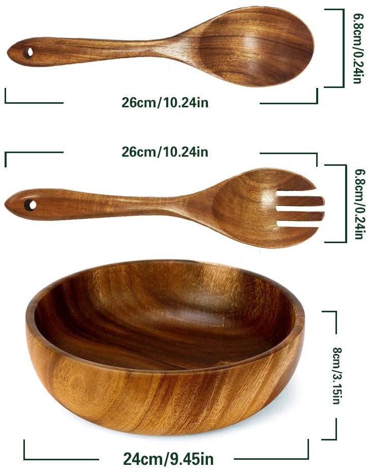 Handmade Acacia Carved Wooden Salad Bowl Toxin Free 9.5''x3.1''