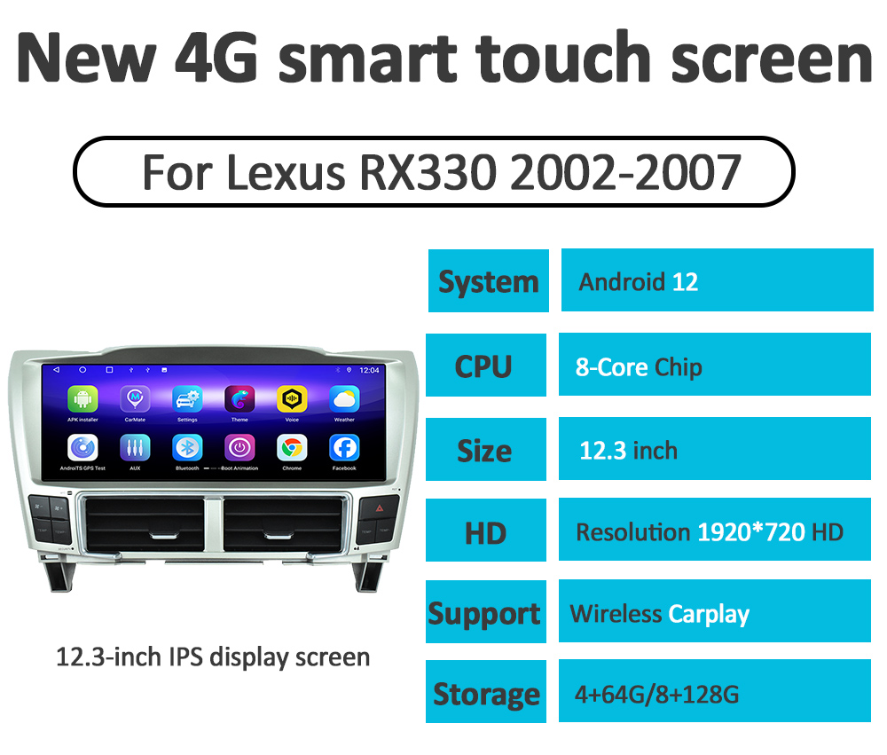 12.3 inch Android Head Unit For 2002-2007 Lexus RX330 Multimedia Player Auto Stereo GPS Navigation wireless Carplay